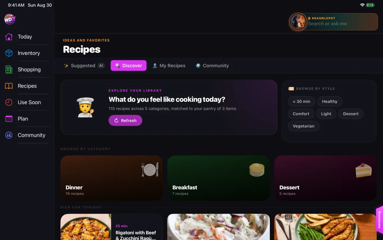 WhatDo?! recipe discovery in its wide desktop layout