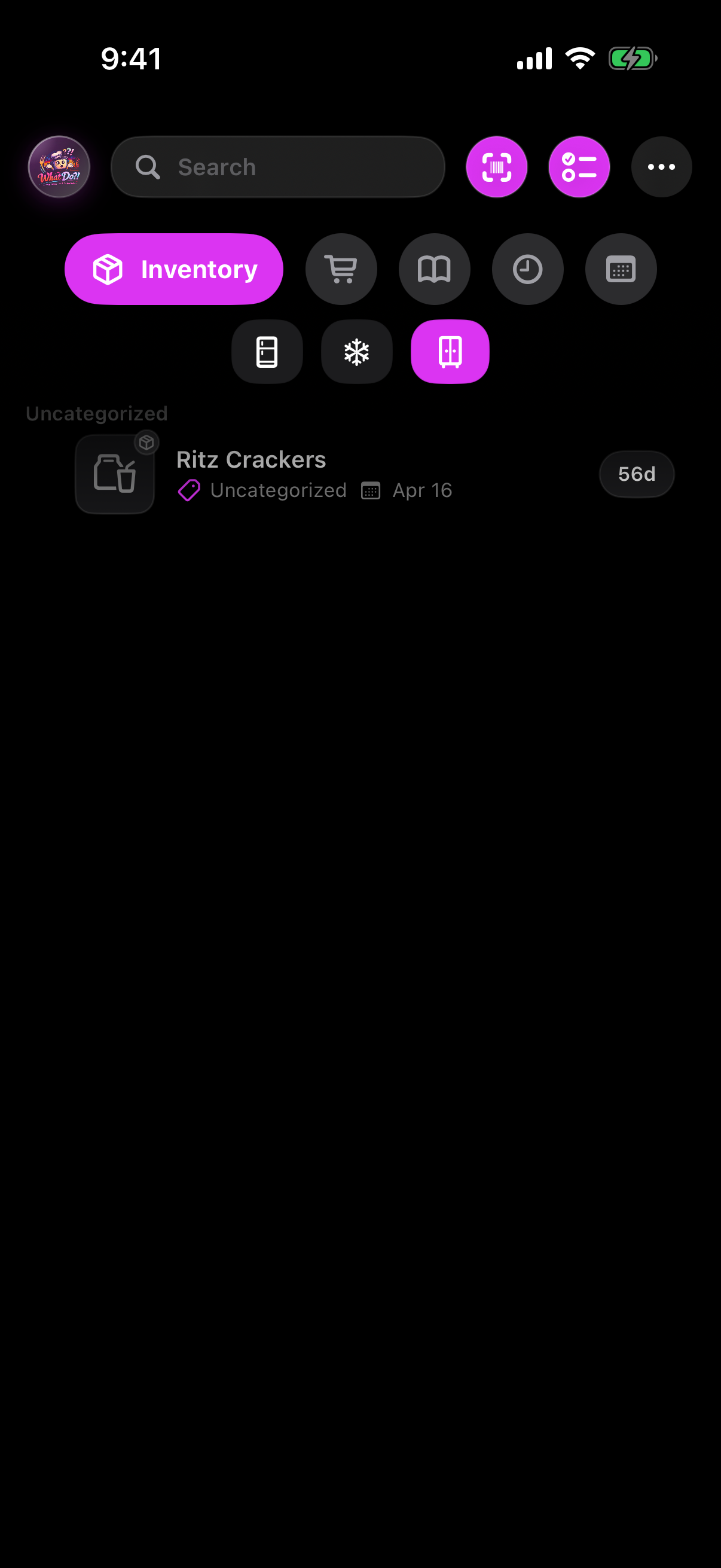 WhatDo inventory screen with quick action controls