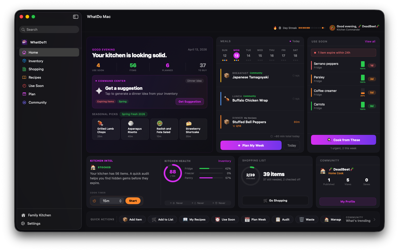 WhatDo desktop home screen with Command Center and recipe highlights