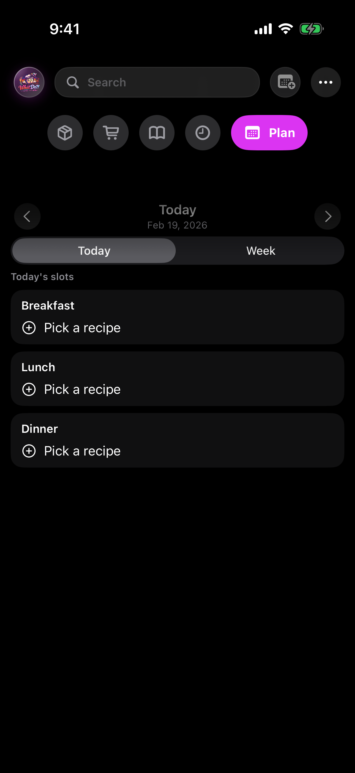 WhatDo planner screen with today and week plan tabs