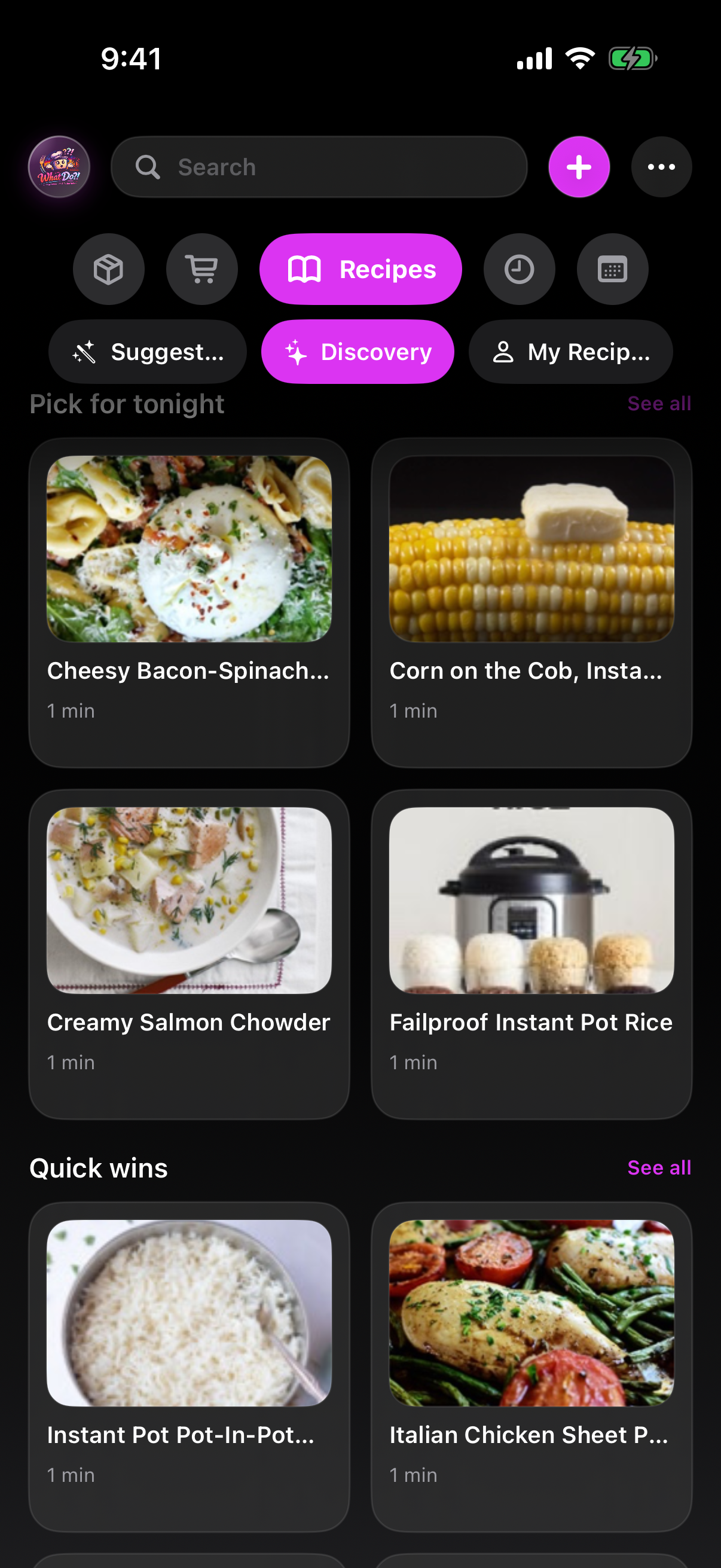 WhatDo recipes discovery screen with recipe suggestion cards