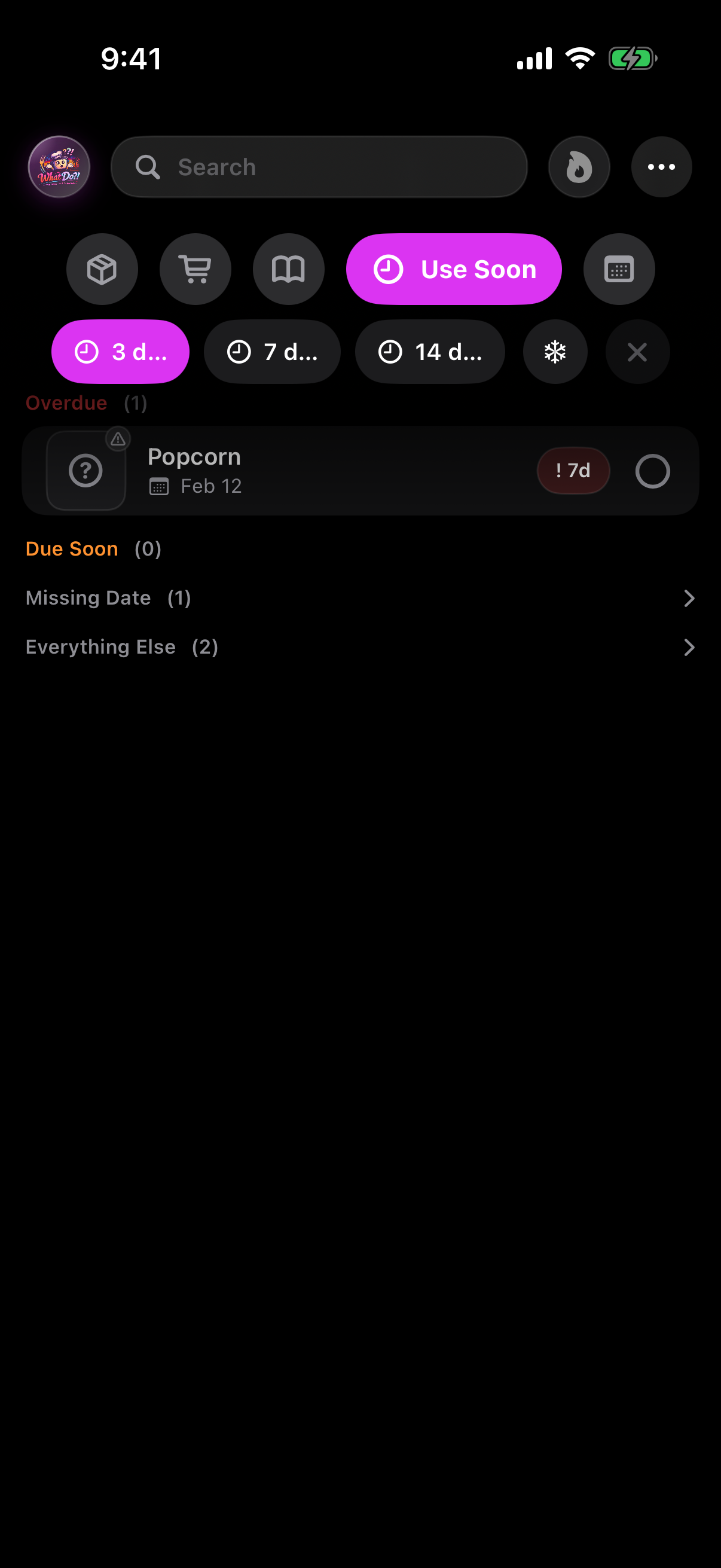 WhatDo Use Soon screen with expiring item groups