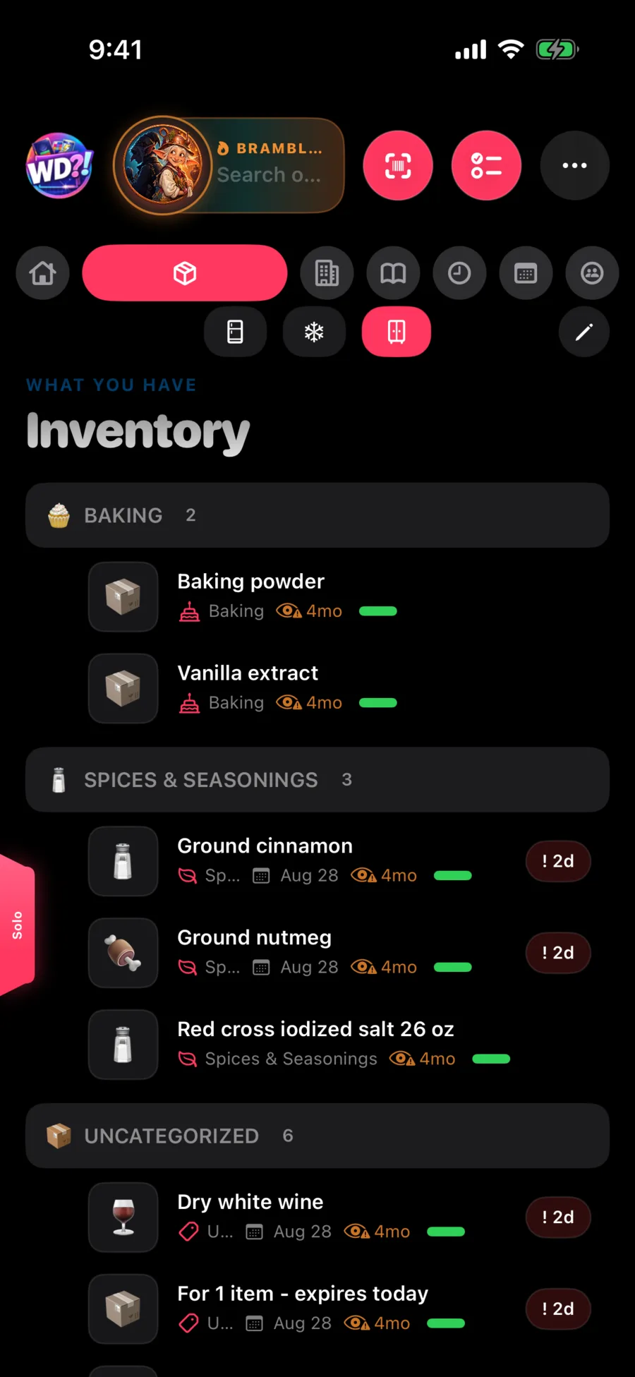 WhatDo?! inventory showing groceries and remaining amounts